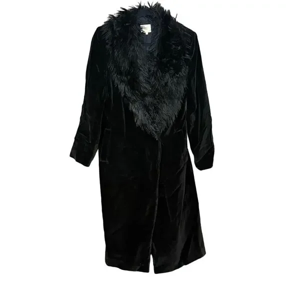 Oasis long black velvet coat faux fur collar British pockets button front US 6 - Picture 1 of 5
